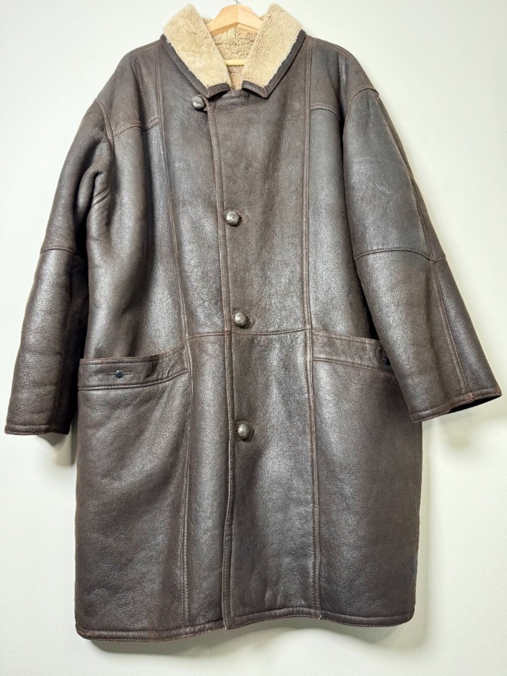 Vintage Denimax Paris NY Genuine Shearling Leather Car Coat Brown XXL